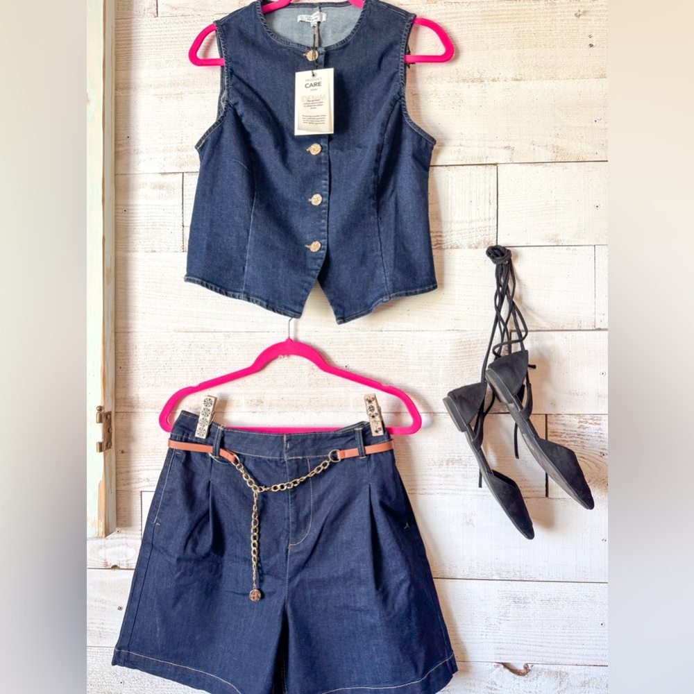 Denim Vest with Gold Buttons and Shorts Set